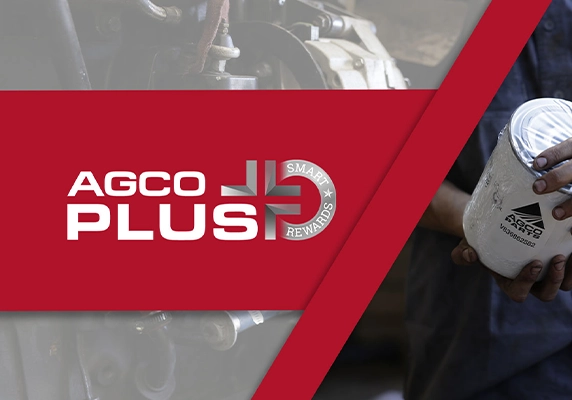 AGCO Plus+ Smart Rewards promotional banner featuring technician holding AGCO parts filter.